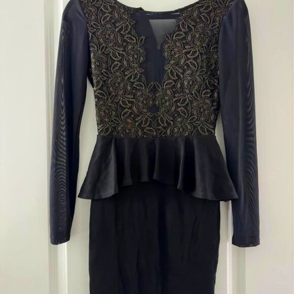 BEBE | Evening Dress w/ Sheer Sleeves | Black and Gold |  XS - Picture 4 of 11